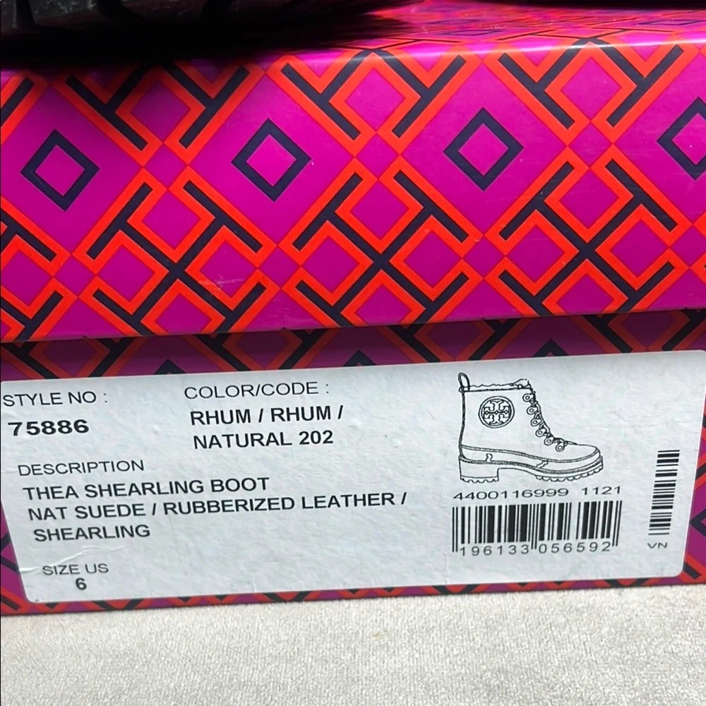 TORY BURCH thea shearling boots size6 color/rhum natural 202 rubberized leather